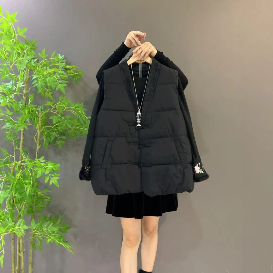 2562新款大码女装中式盘扣百搭重工刺绣夹棉马甲+打底衫套装秋冬