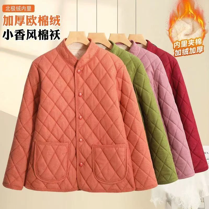 妈妈秋冬新款加绒棉衣保暖洋气棉袄中老年加厚休闲棉服立领外套