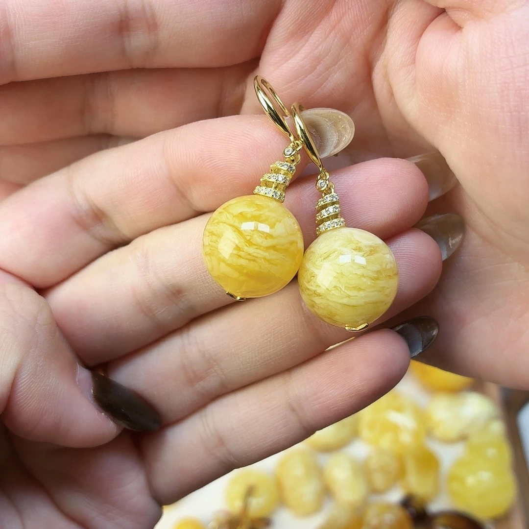 蜜蜡银S925镀金镶嵌耳饰16mm虎皮