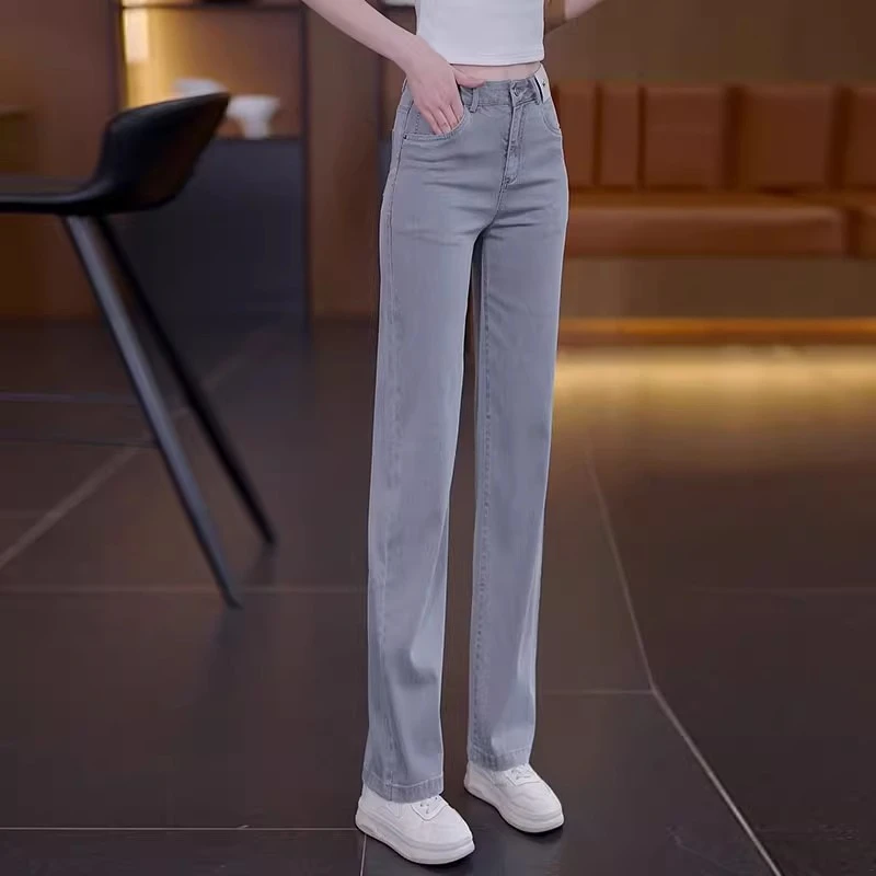 烟灰色牛仔裤女夏季薄款2025年新款高腰显瘦冰丝凉感窄版阔腿裤子