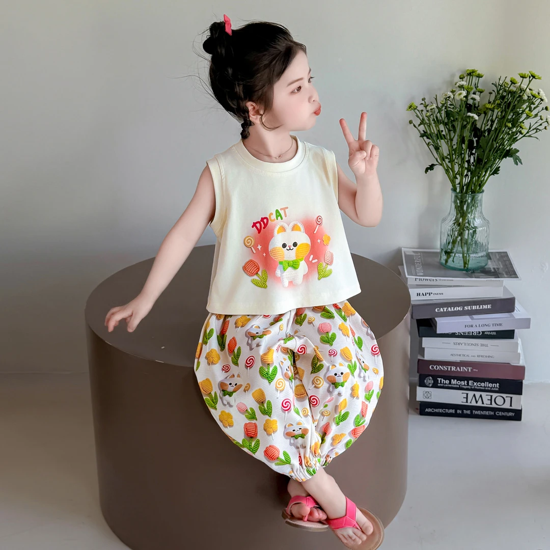 女童夏季无袖套装2025新款儿童卡通背心薄款防蚊裤宝宝休闲两件套