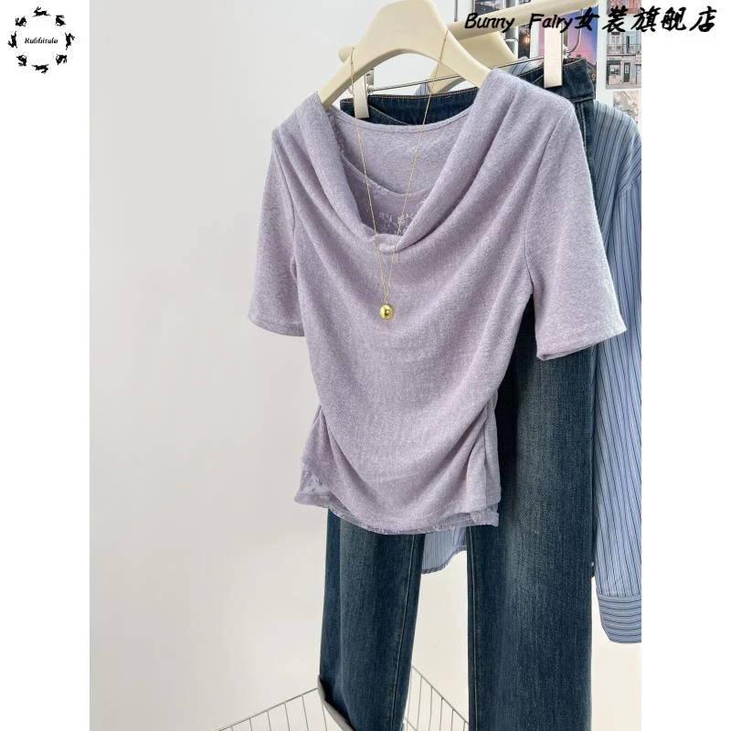 品高品质紫色蕾丝针织短袖t恤女夏季独特别致垂折领收腰短款上衣