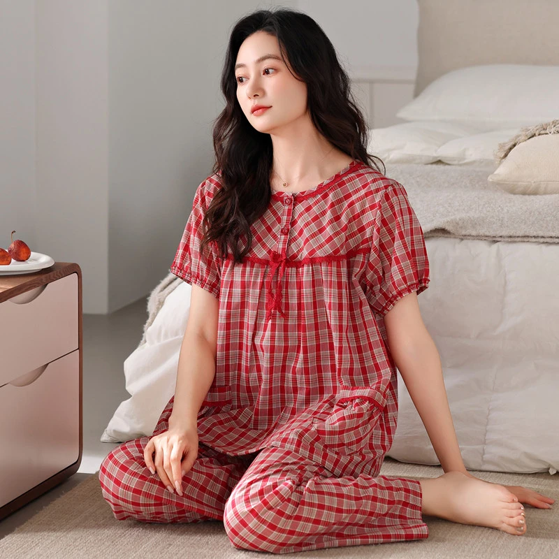 睡衣女款2025新款夏季套装女士格子短袖长裤纯棉薄款可外穿家居服
