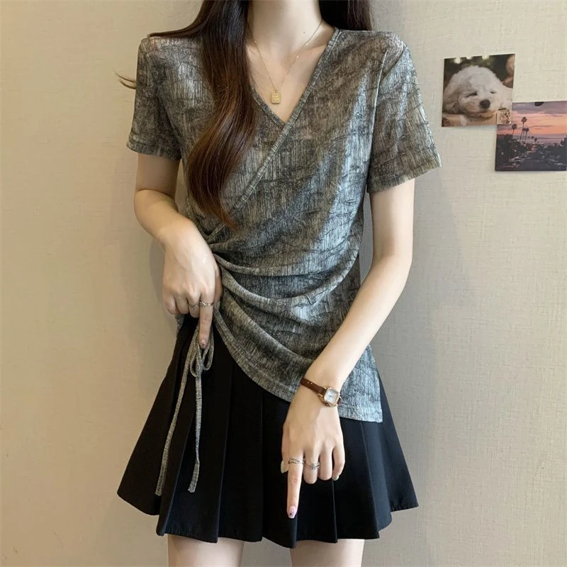 交叉设计感扎染短袖T恤女夏季2025新款宽松显瘦小众风格简约