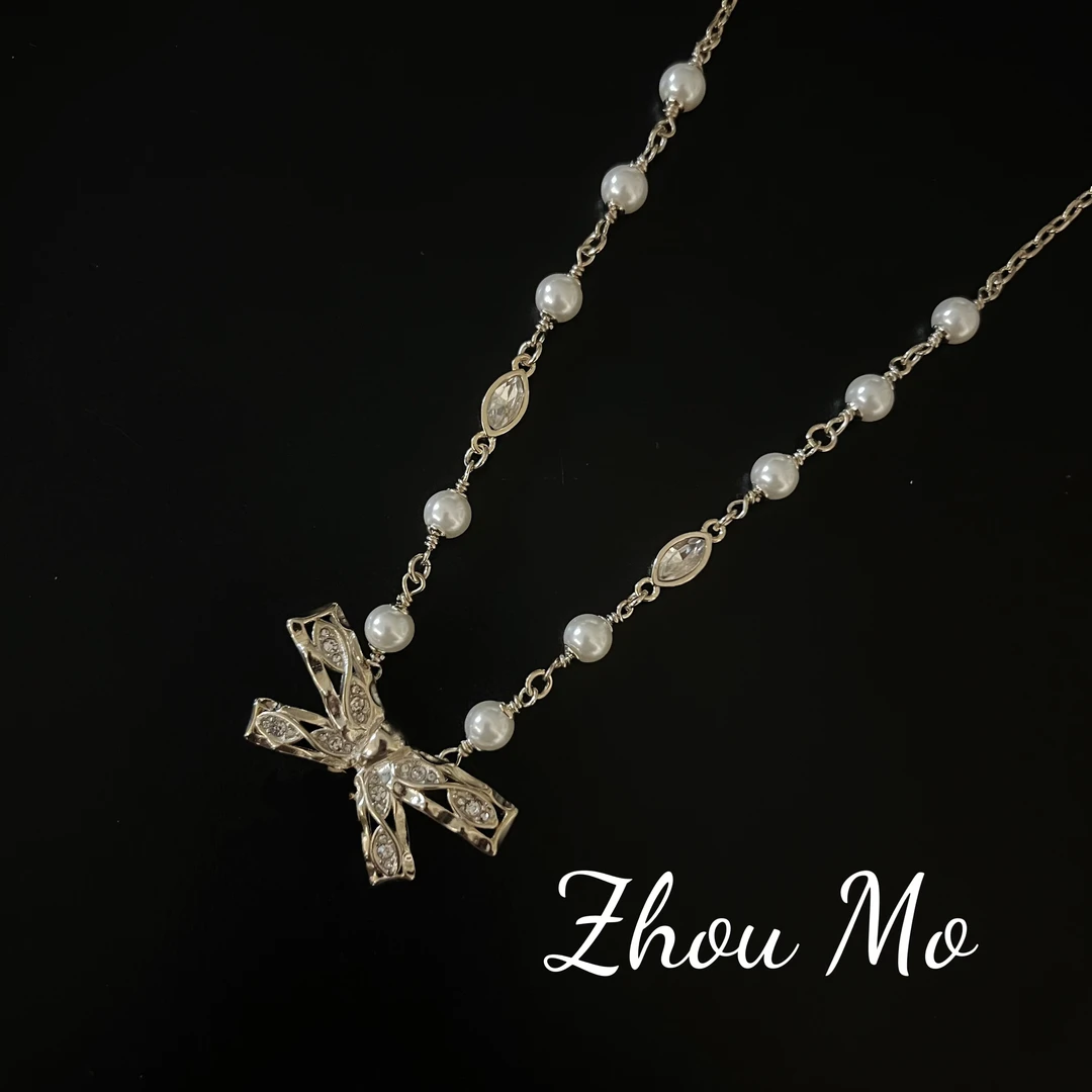 铜合金项链 【MOMO】经典蝴蝶结珠珠项链B-232