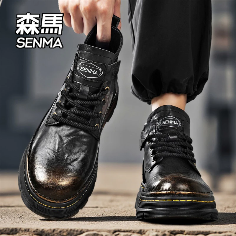 SENMA/森马马丁靴男款冬季英伦复古皮面高帮工装鞋户外防滑机车靴
