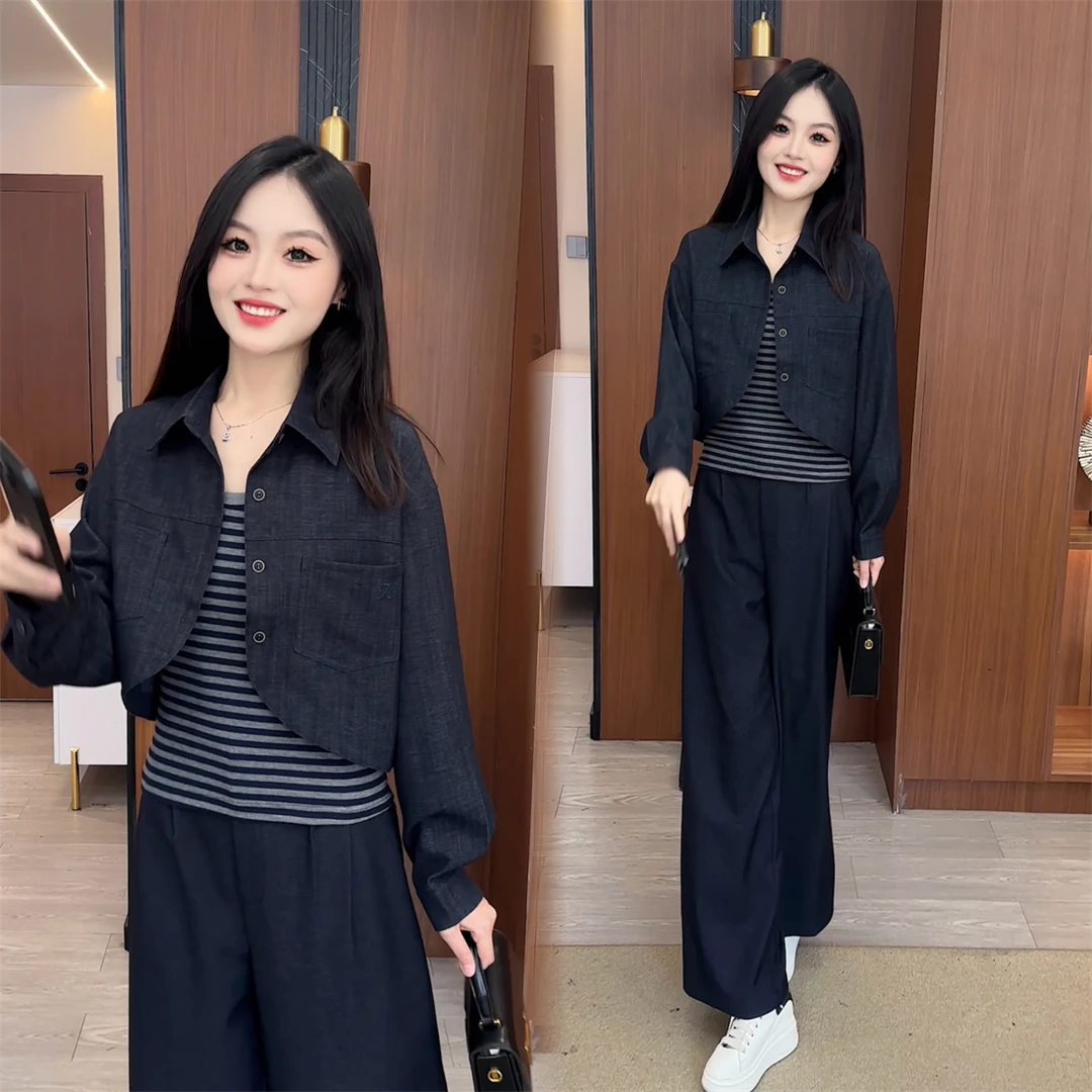 【婉星儿品牌】秋季新款显瘦气质长袖洋气时尚休闲百搭减龄牛仔套装