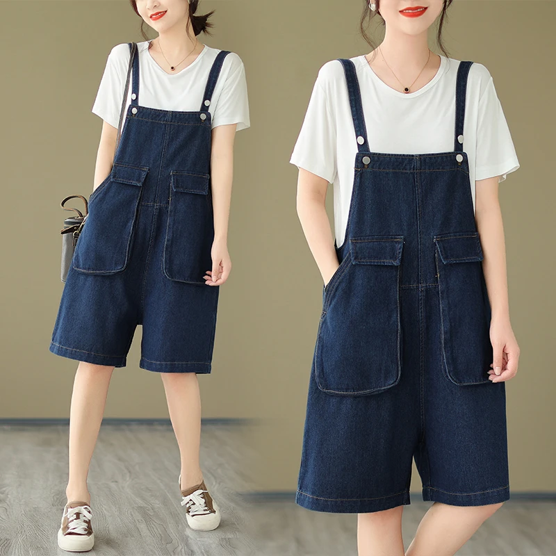 2025胖妹妹宽松显瘦牛仔背带五分裤