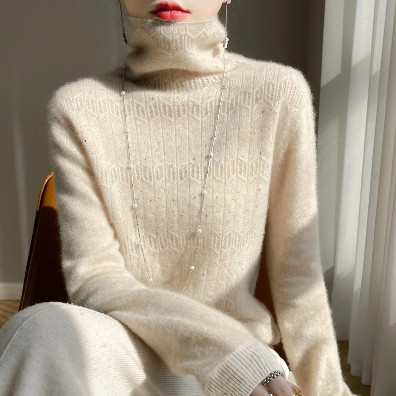高领亮钻镂空100纯羊毛衫秋冬别致宽松时尚长袖软糯套头针织衫女