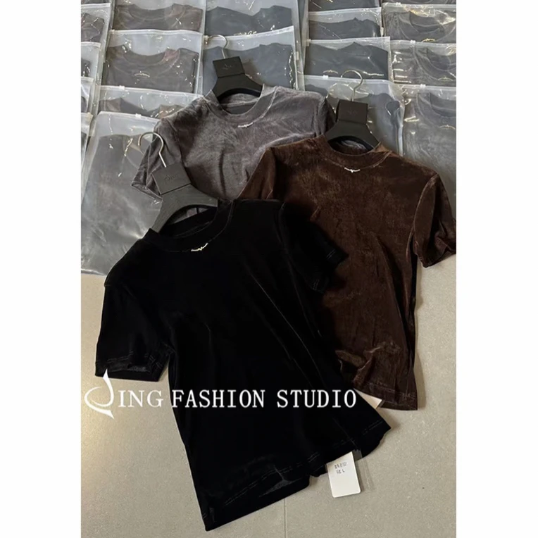 JING秋季新款1821纯色圆领丝绒短袖T恤女装舒适百搭宽松上衣
