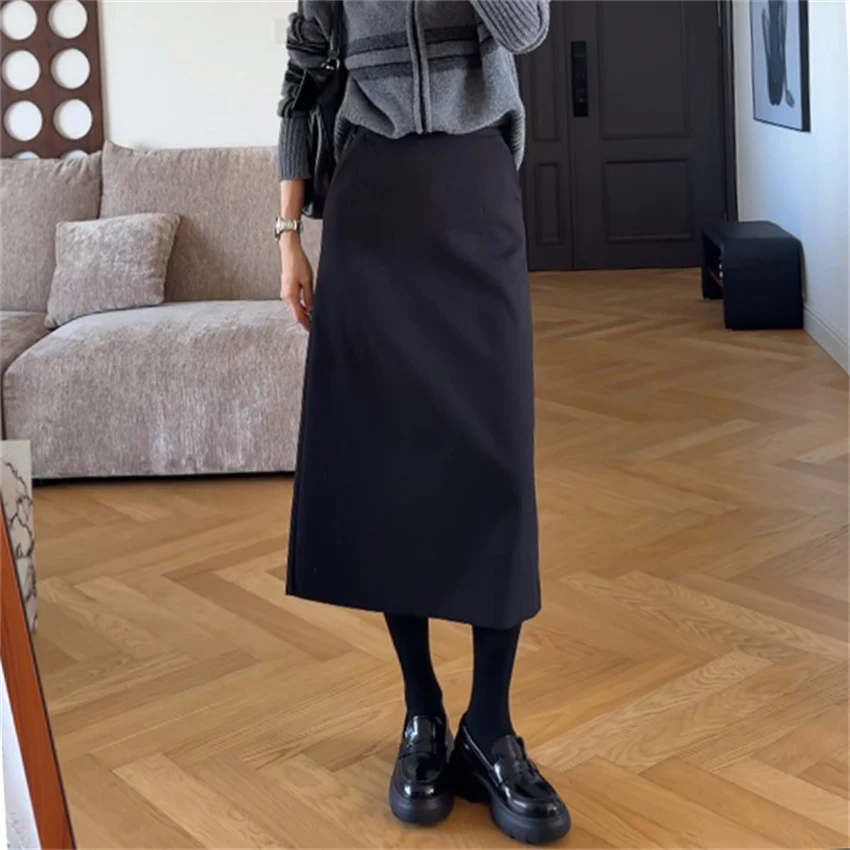 西装呢2025秋冬中长裤按高腰显瘦修身半裙包臀裙后开叉长裙241711