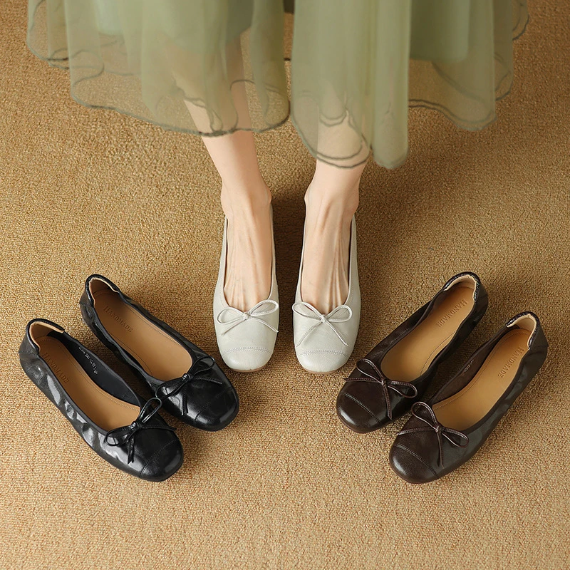 羊皮奶奶鞋圆头浅口单鞋女平底法式晚风蝴蝶结真皮芭蕾鞋不累脚