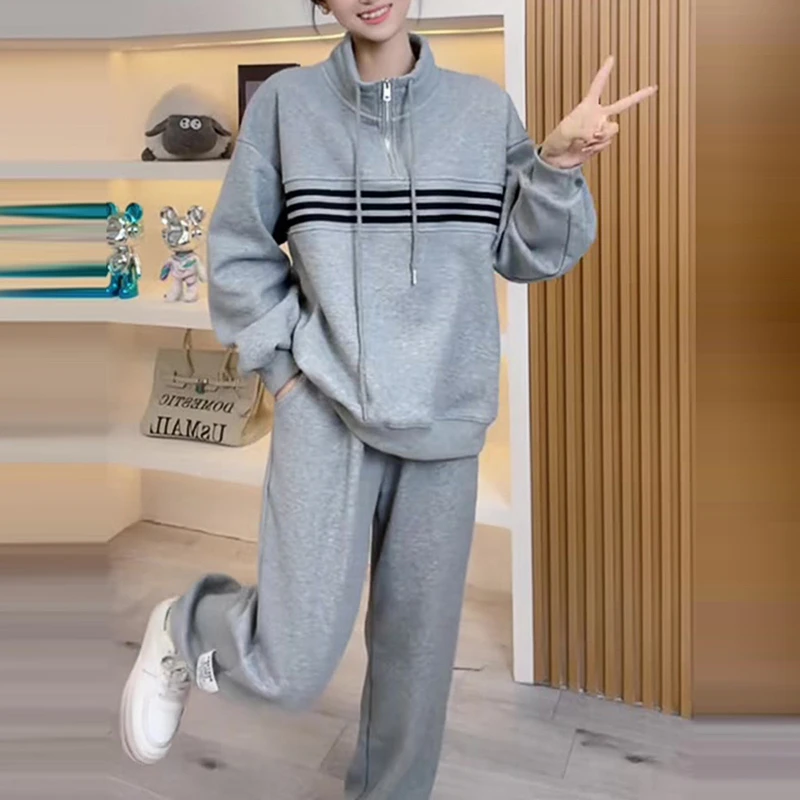 时尚通勤韩系条纹加绒加厚两件套女2025春季新款宽松韩系小众套装