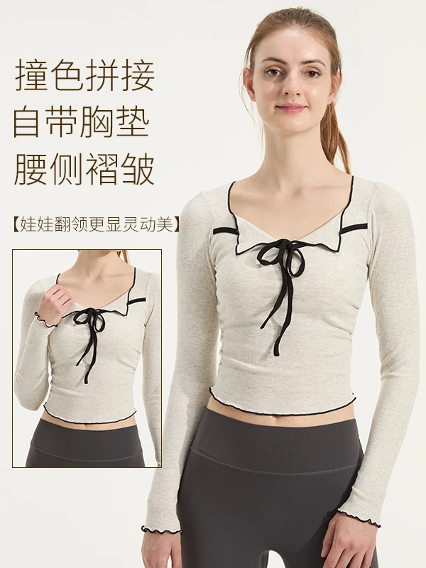 休闲风针织绑带娃娃领带胸垫褶皱显瘦长袖女瑜伽普拉提健身跑步