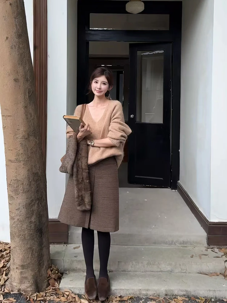 2025秋冬季潮流时尚新品复古慵懒风针织毛织上衣高腰显瘦半身裙女