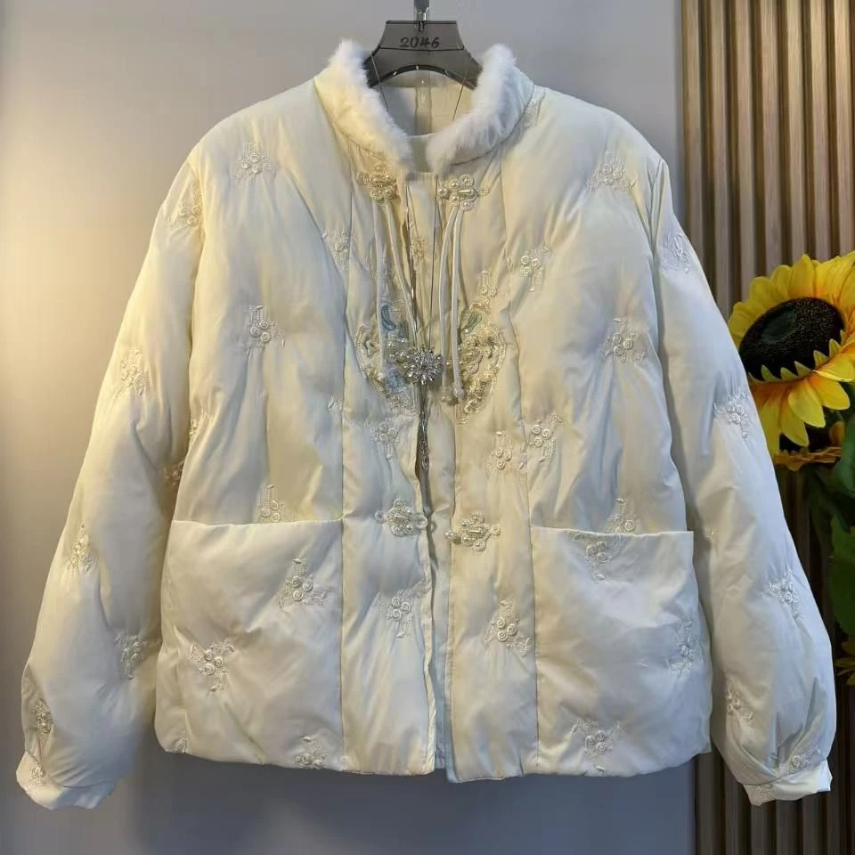 大码女装毛边立领流苏盘扣刺绣国风棉外套胖MM气质新中式洋气棉服