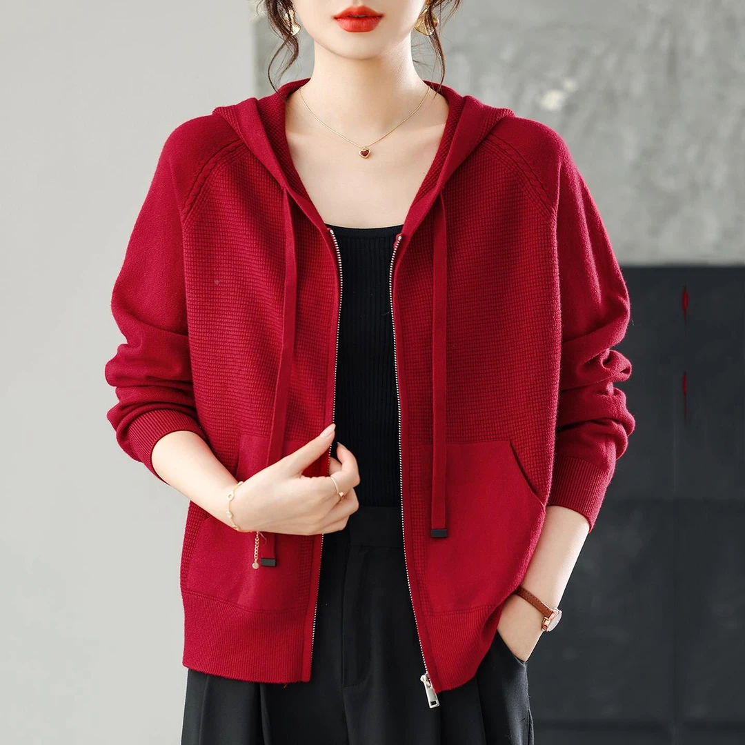 杜拉妮拉炼毛衣开衫外套秋宽松休闲女装2025新款妈妈连帽针织卫衣