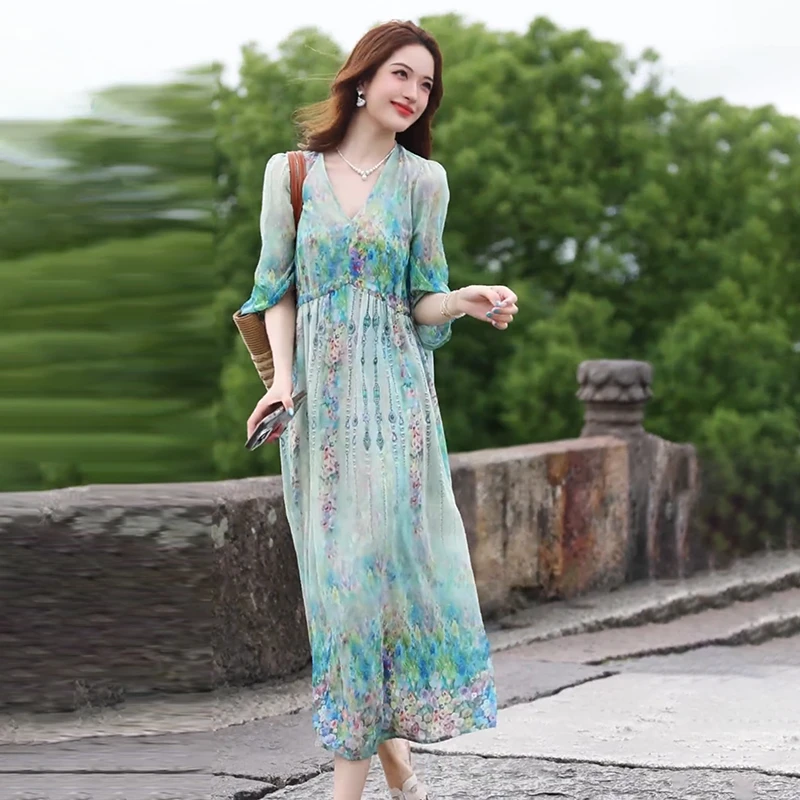 法式浪漫真丝桑蚕丝连衣裙女2025夏季新款慵懒风显瘦碎花中长裙