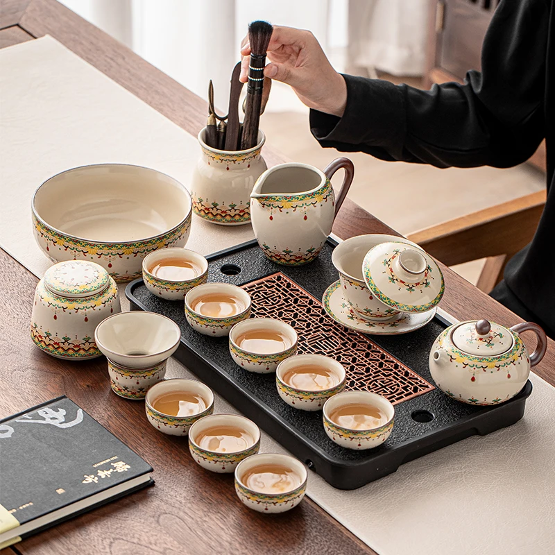 汝窑敦煌功夫茶具套装家用陶瓷盖碗茶杯中式泡茶壶整套办公室喝茶