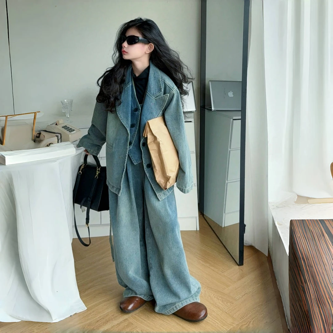 【酷哒仔】女童港风复古西装牛仔假三件套装2025秋季中大童学生套装