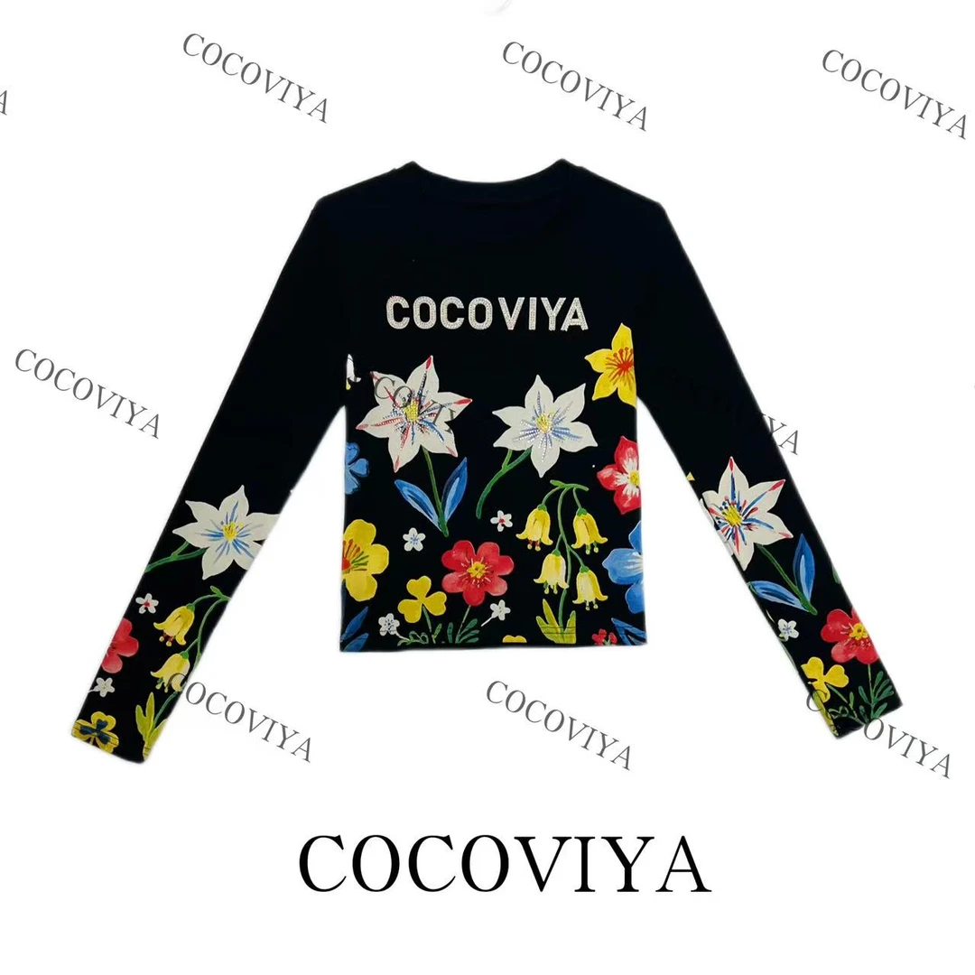 【XY】COCOVIYA花语甜馨繁花字母长袖T恤时尚内搭休闲上衣26C-1070