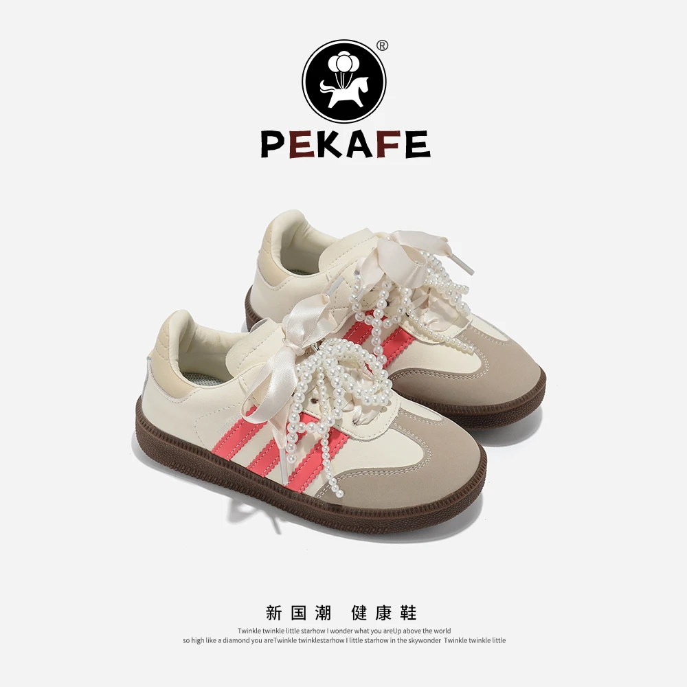Pekafe春秋儿童低帮板鞋珍珠蝴蝶结女童鞋子德训鞋小女孩演出鞋