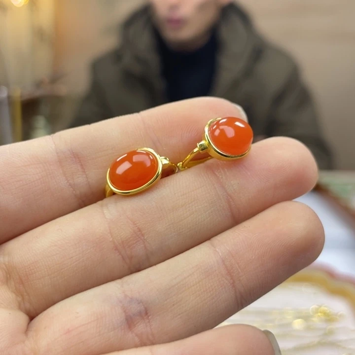 南红玛瑙银S925镶嵌耳饰