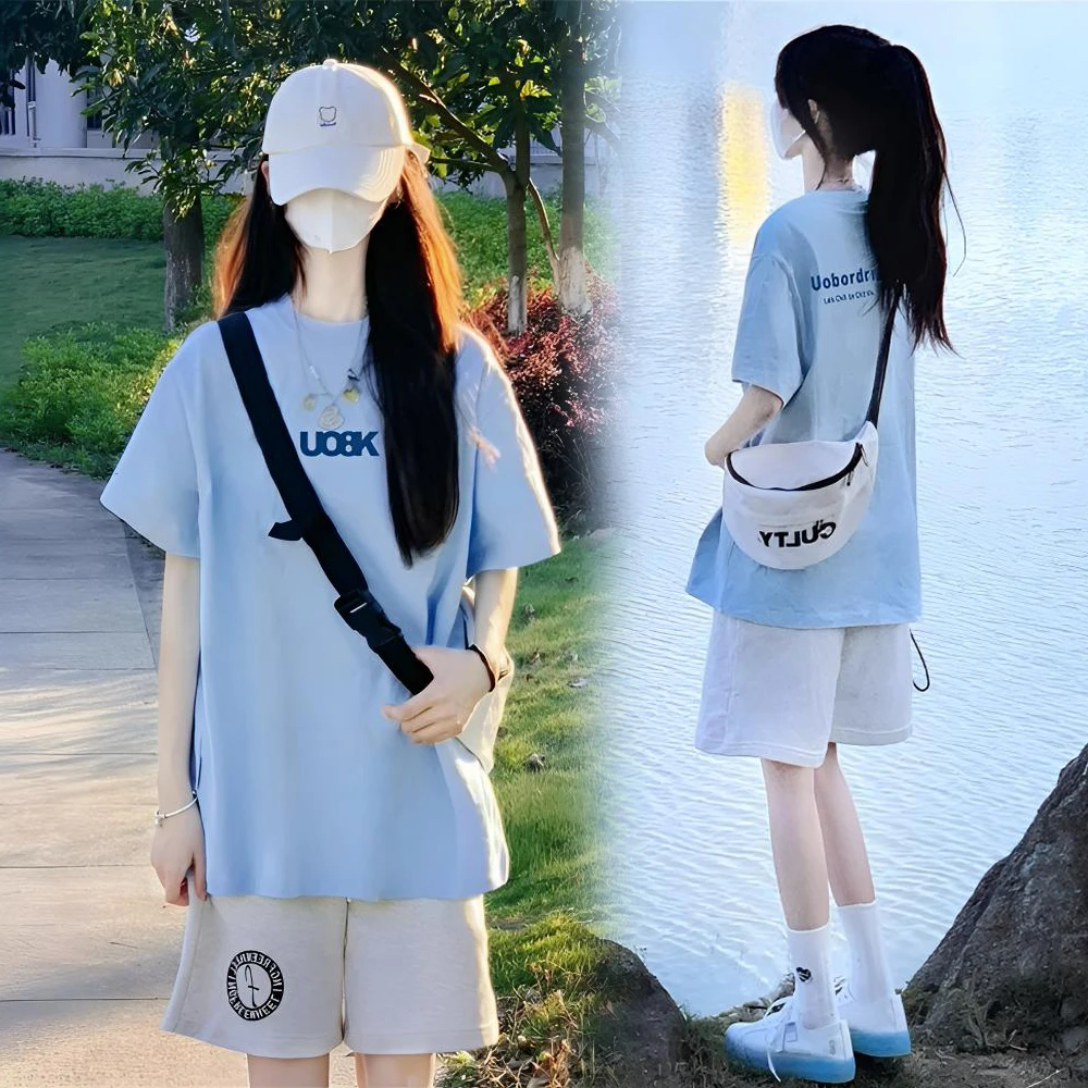 夏季少女短袖短裤休闲两件套装12-15-18岁初高中学生跑步运动衣服