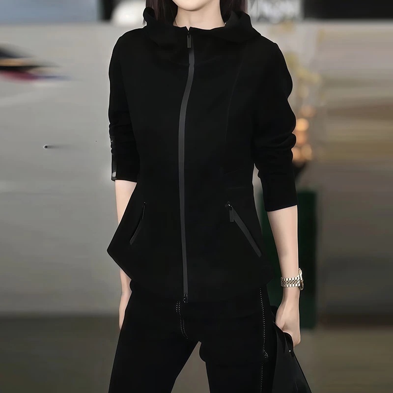 时尚简约黑色连帽长袖卫衣外套女2025秋季新款百搭休闲显瘦上衣潮