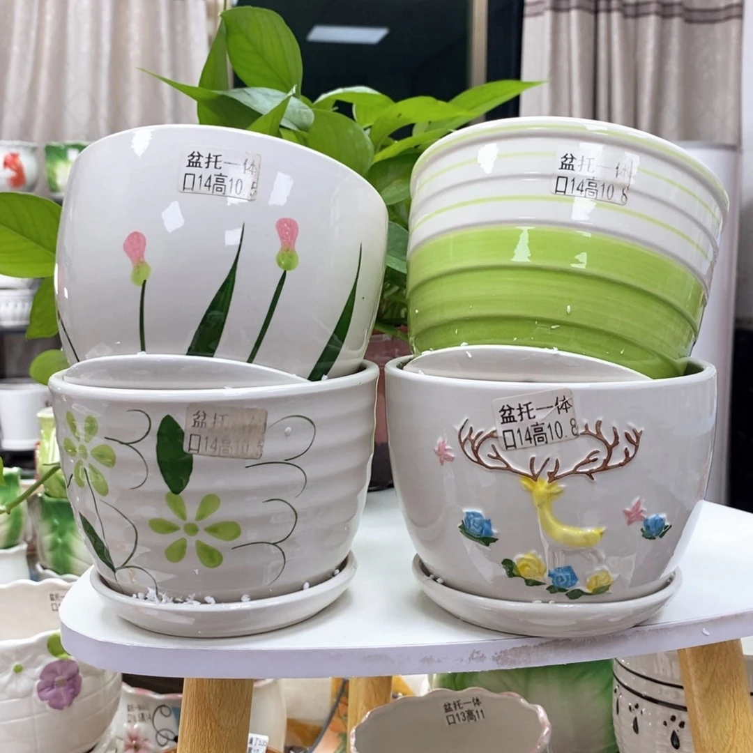 夏西陶瓷花盆@@四个手绘