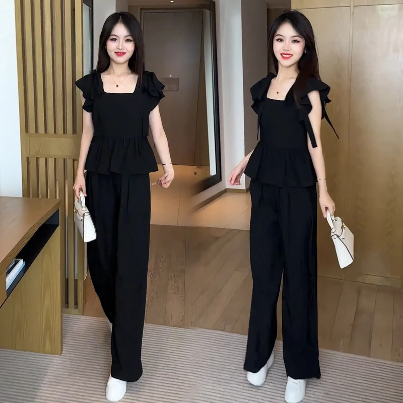 时尚洋气套装女2024夏季新款小个子穿搭一整套气质阔腿裤两件套潮