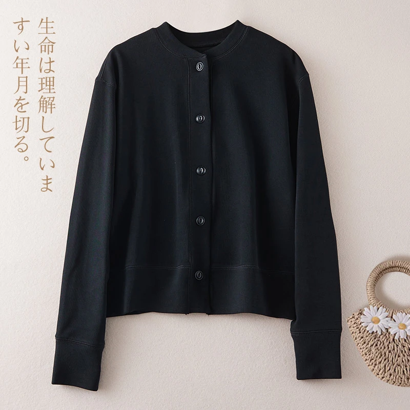 简约时髦百搭宽松长袖立领卫衣黑色单排多扣外套女式2025秋季新款