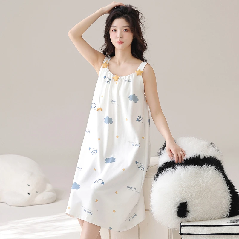 芬腾可安吊带睡裙女夏季纯棉可爱甜美休闲无袖睡衣薄款全棉家居服
