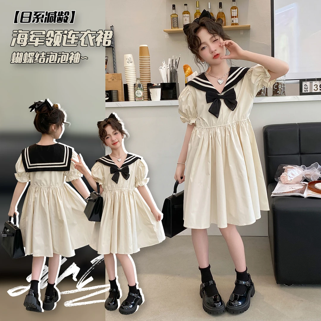 女童连衣裙夏季2025新款大童学院风海军领裙子女孩儿童洋气公主裙