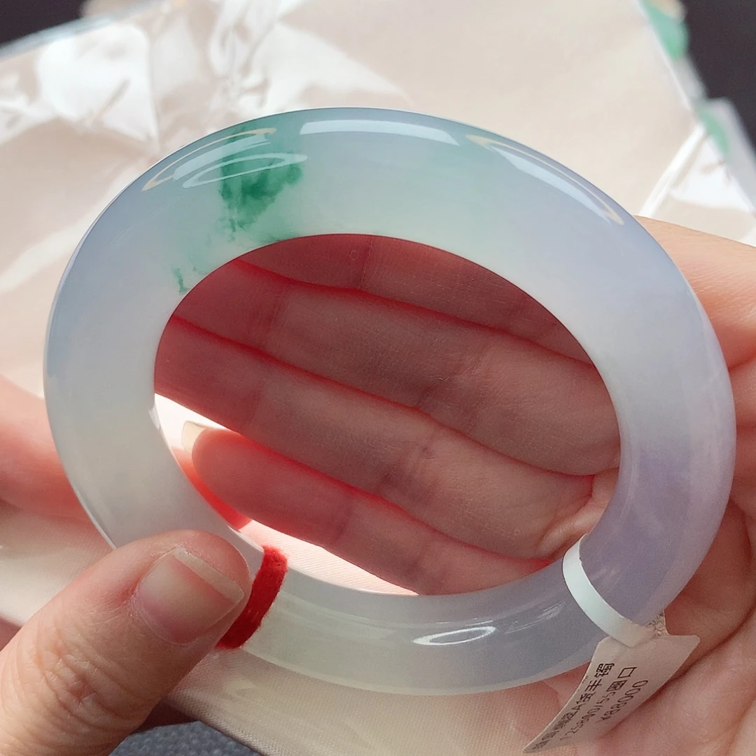 翡翠未镶嵌手镯55 56圈口 冰蓝飘花胖圆条