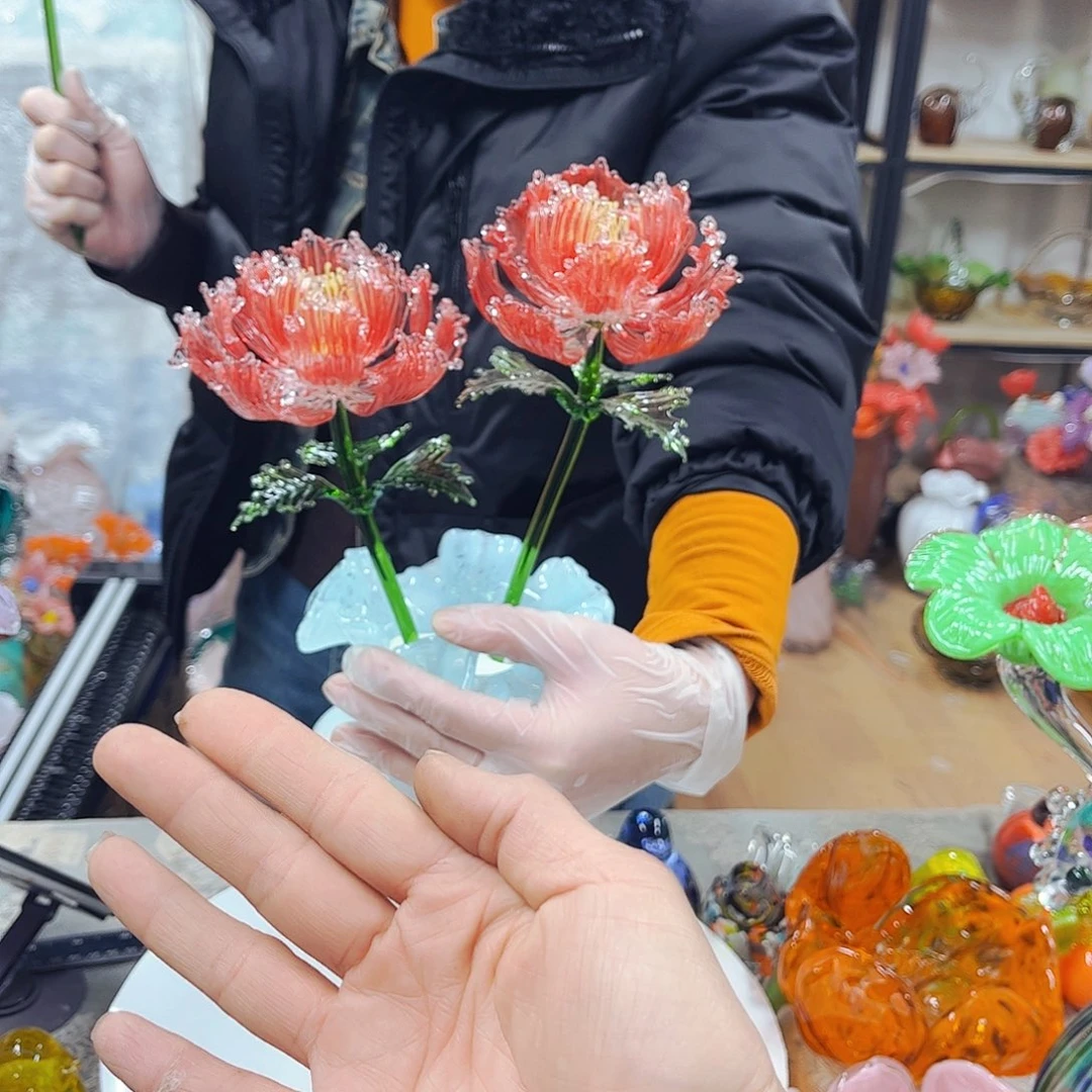 雪***花2朵红牡丹家悦琉璃工艺品