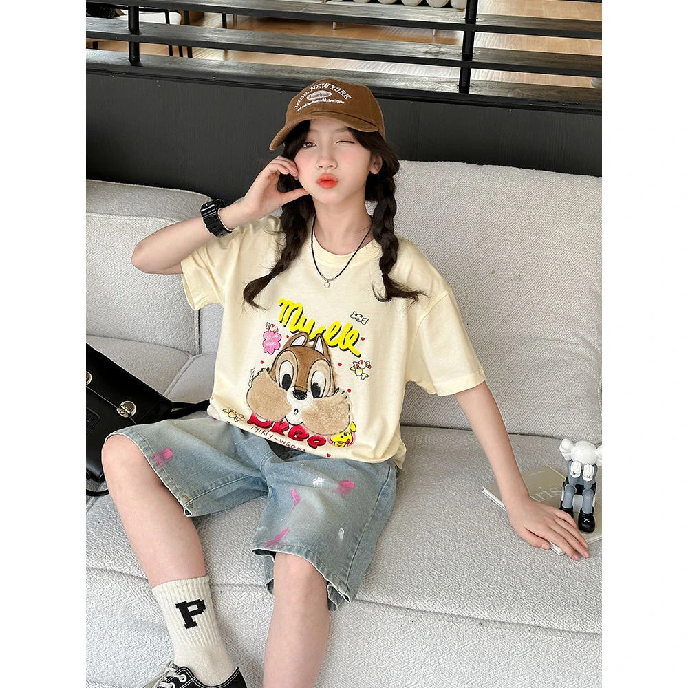 纯棉女童夏季2025新款中大童短袖T恤休闲薄夏装潮酷卡通印花上衣