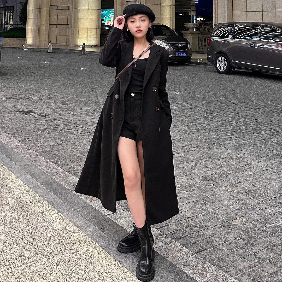 K N J小个子定制冬季加厚呢子收腰修身显瘦双排扣中长款毛呢大衣