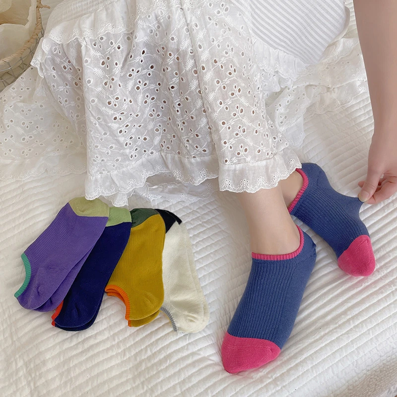 【五双装】多巴胺拼接撞色夏季透气舒适船袜浅口隐形袜女防滑不掉跟