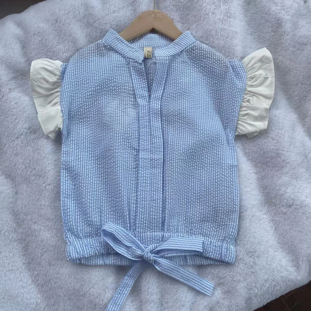 米多er2025夏季新款 儿童短袖女童蓝白条纹时尚韩系小飞袖V领同步