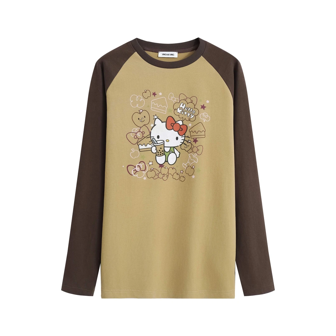 YANGHAIYANG奶茶猫猫插肩袖上衣休闲宽松印花卡通百搭