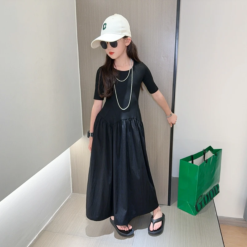 女童2025夏季新款法式气质连衣裙中大童女孩时尚短袖收腰显瘦长裙