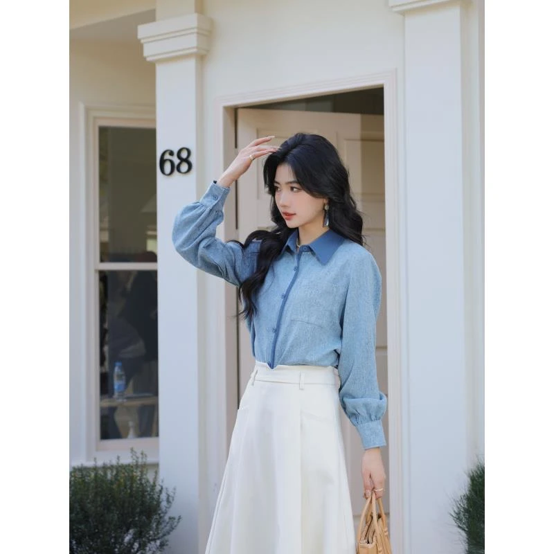 丁佳欣【梦醒天空】港风复古拼色衬衫女宽松显瘦上衣JK0725108