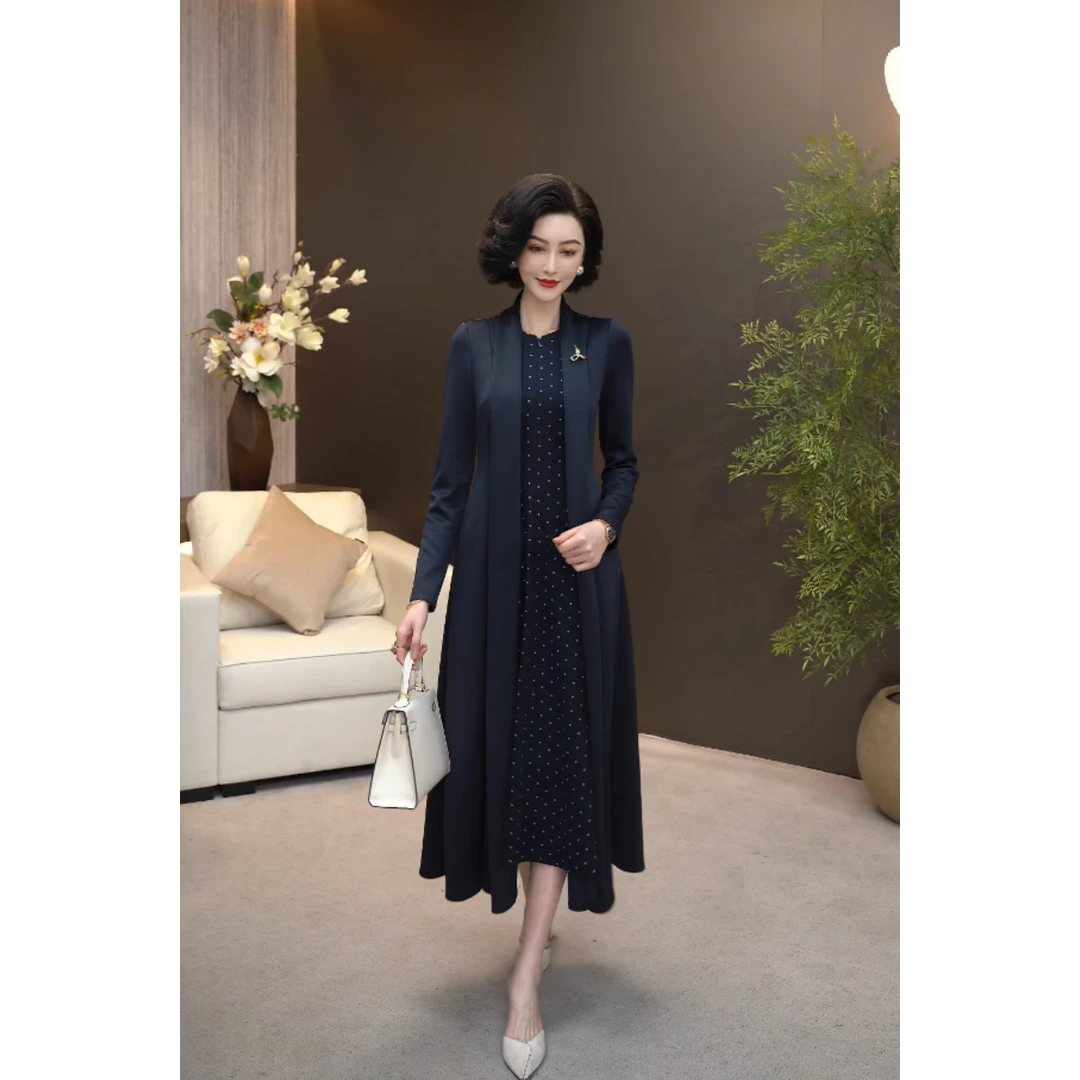 2025秋季高奢藏蓝色精仿弹力梭织优雅假两件风衣套装连衣裙WF3326