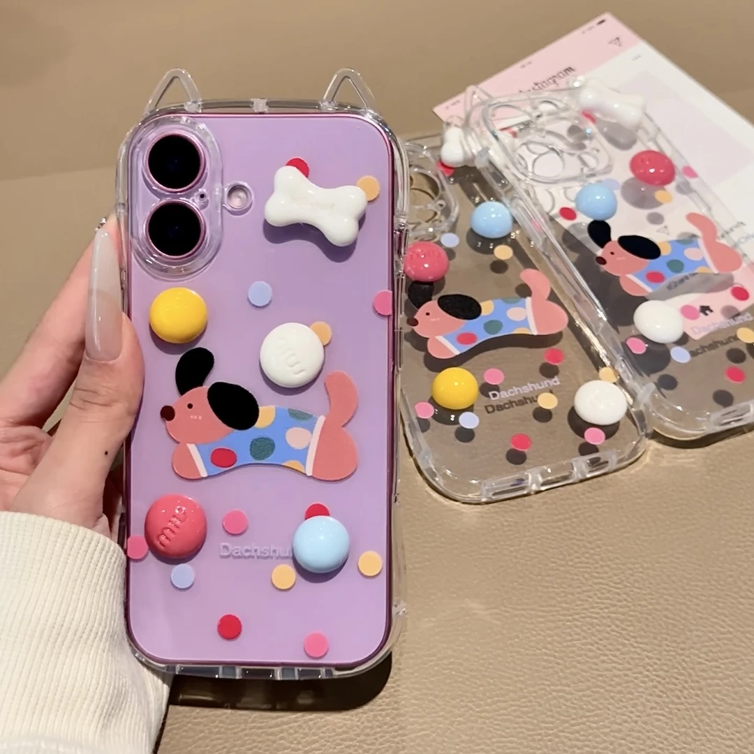 雅天立波点彩豆腊肠狗适用iPhone16苹果13promax立体15猫耳手机壳