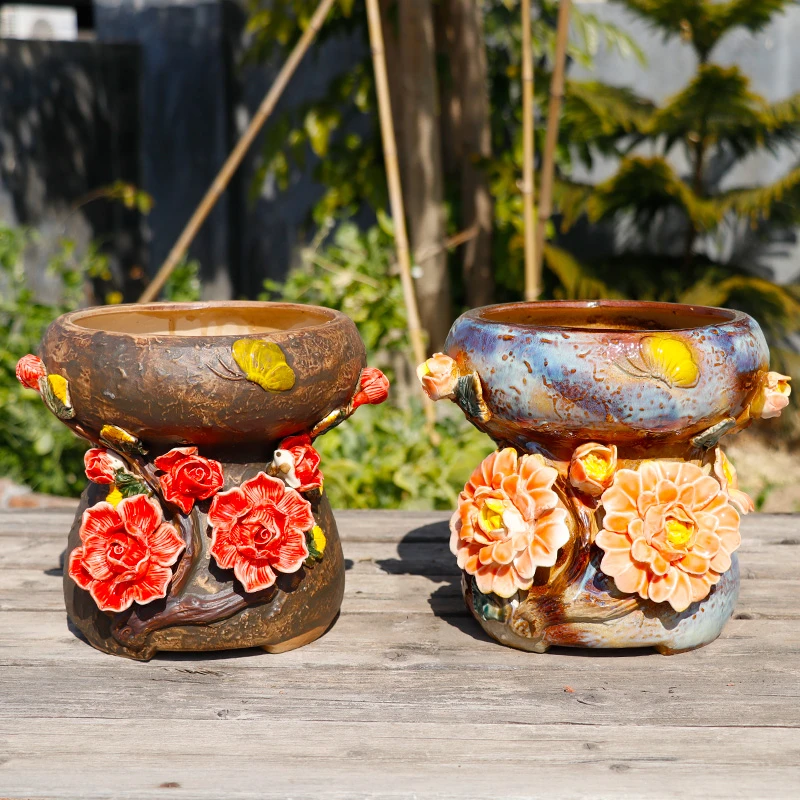 手工捏花粗颗粒麦饭石多肉花盆大口径设计