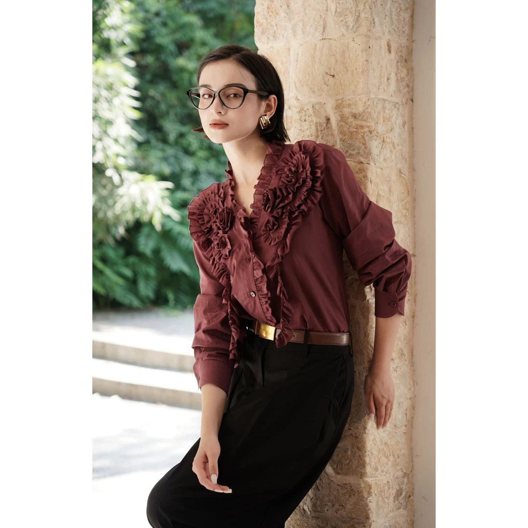 【迷宫】文艺范法式浪漫丝棉手工盘花V领宽松衬衫25秋（裱里）