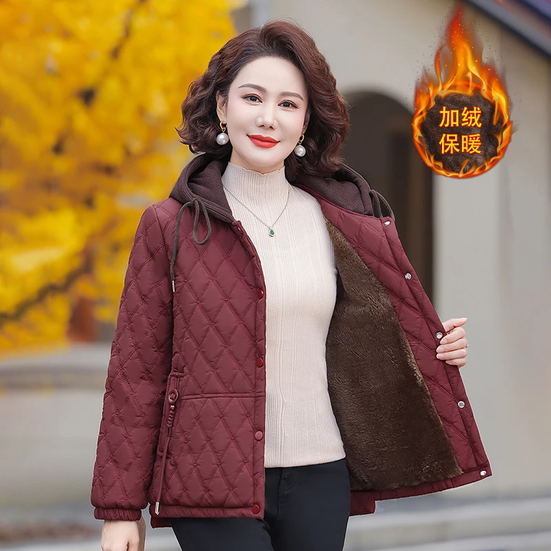 秋冬季中老年妈妈女装连帽加厚保暖大码时尚气质妈妈装