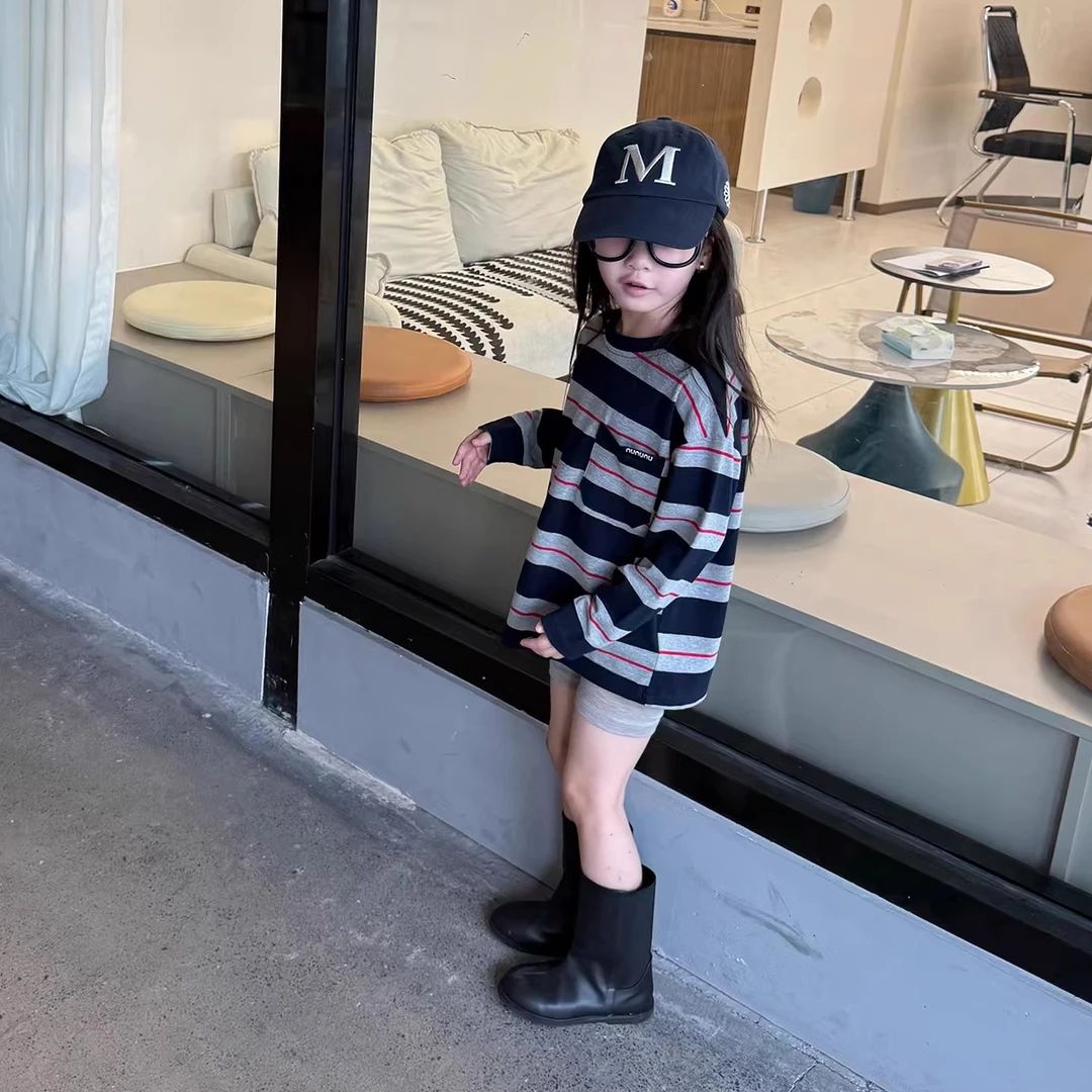 童装女童条纹长袖t恤潮牌2025新款秋季宝宝卫衣儿童复古条纹上衣
