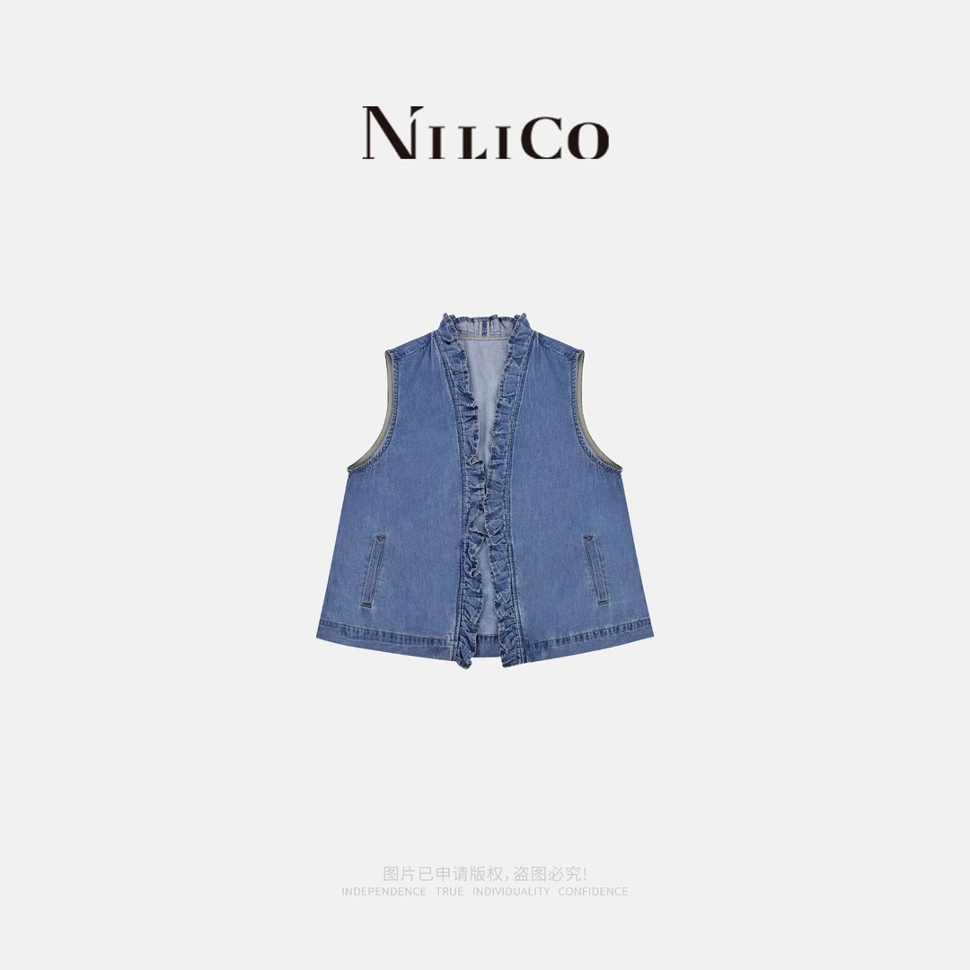 NILICO【花落无声】个性减龄升级版荷叶边A摆百搭宽松无袖牛仔马甲